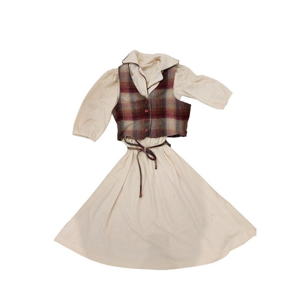 Vintage 70s Vested 3/4 Jrs Dress S Schoolgirl Preppy Modest Off White Red Plaid